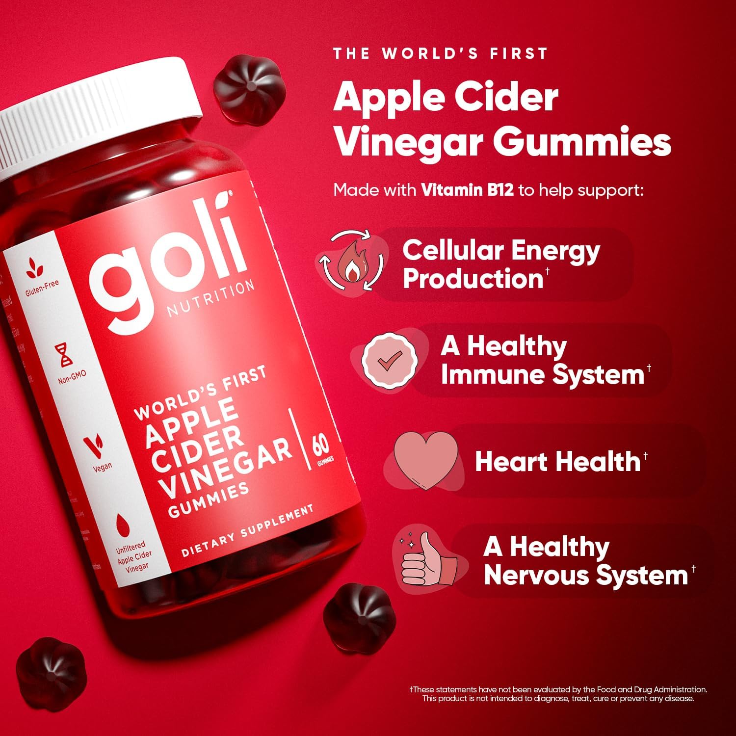 Goli Apple Cider Vinegar Gummies – 60 Count – Vegan, Gluten-Free, with Vitamin B12