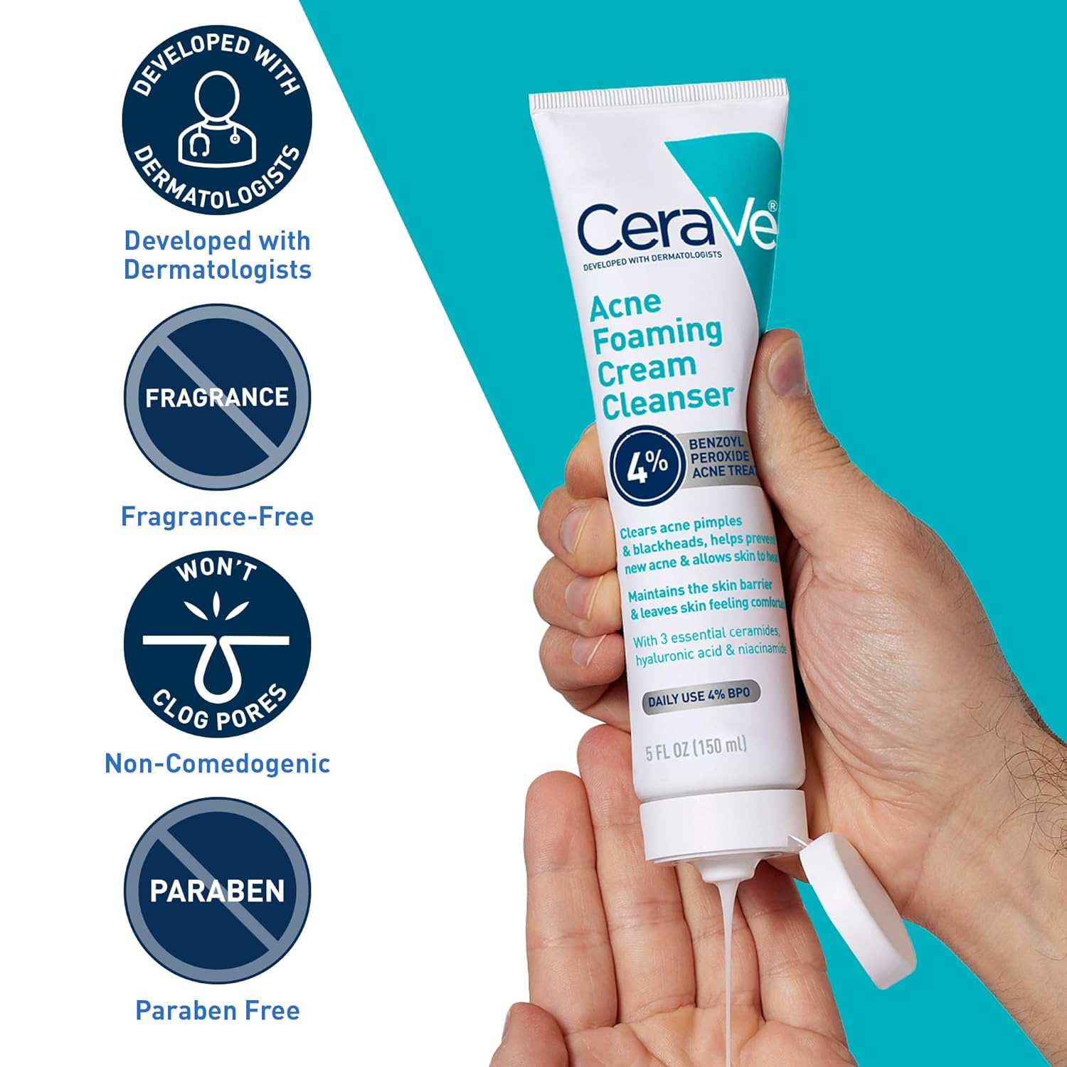 CeraVe Acne Foaming Cleanser – 4% Benzoyl Peroxide, Daily Face Wash