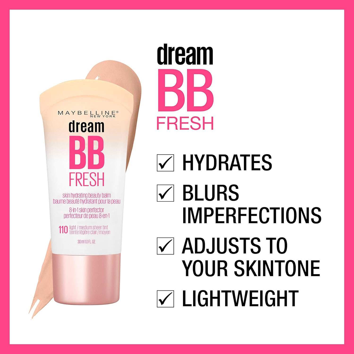 Maybelline Dream Fresh BB Cream – SPF 30, Medium – 1oz, Oil-Free Tint