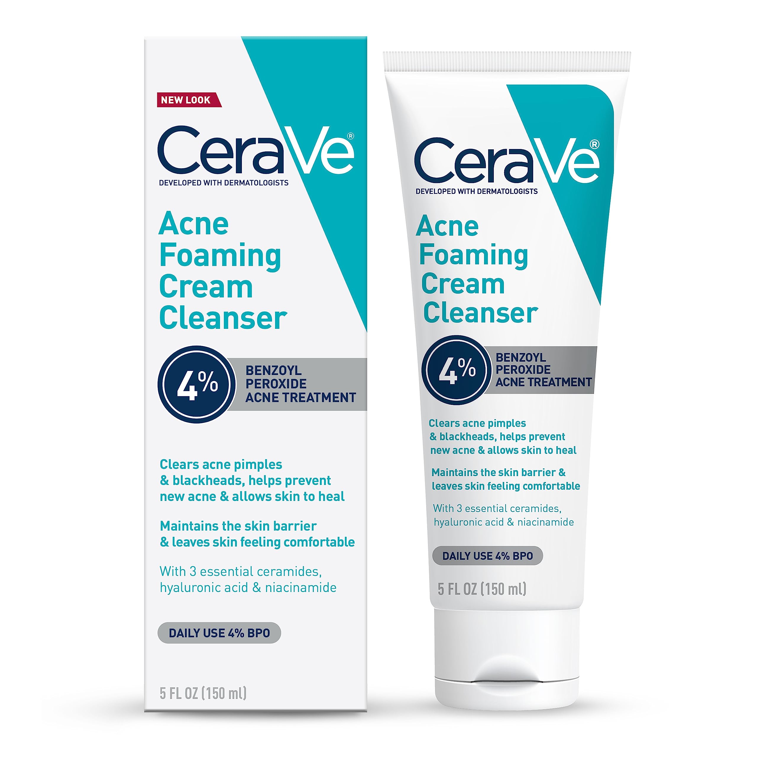 CeraVe Acne Foaming Cleanser – 4% Benzoyl Peroxide, Daily Face Wash