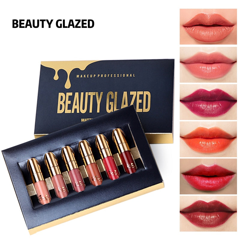 BEAUTY GLAZED 6 Colors Matte Lipstick Set Waterproof Long Lasting Lip Gloss Nude Velvet Pigment Batom Women Fashion Lip Makeup|Lipstick